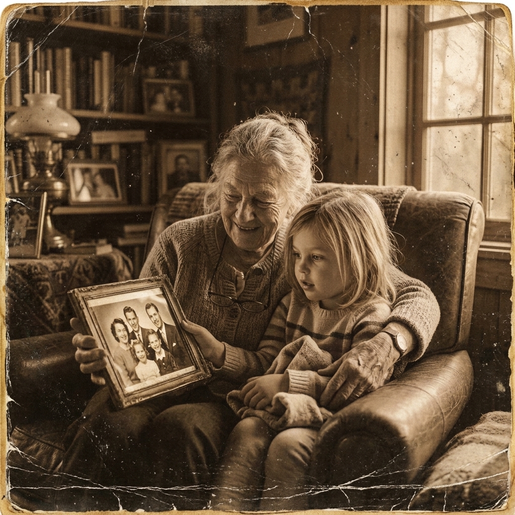 Grandmother and grandchild looking at digital heirloom